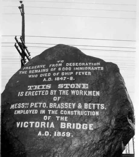 Stone erected by workmen of Victoria Bridge in recognition of the reburial of immigrant remains