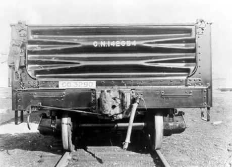 Rear view of gondola car #142654 built by Eastern Car Co.