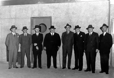 President and chairman R.C. Vaughan, fourth, with other officers inspecting Central Station prior to its official opening
