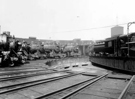 Steam locomotives lined up at the Turcot roundhouse