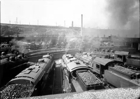 Steam locomotives ready to leave Turcot roundhouse
