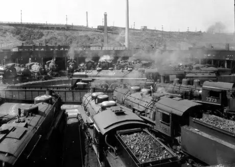 Steam locomotives ready to leave Turcot roundhouse