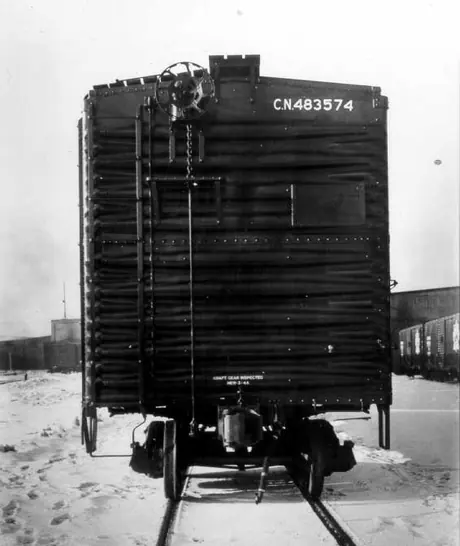 Rear end of box car 483574 built by Canadian Car & Foundry