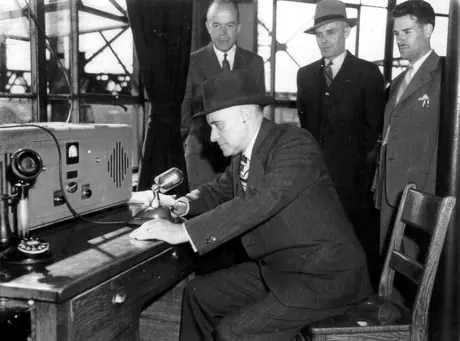 Two way radio communication from Central Station's control tower to diesel locomotive