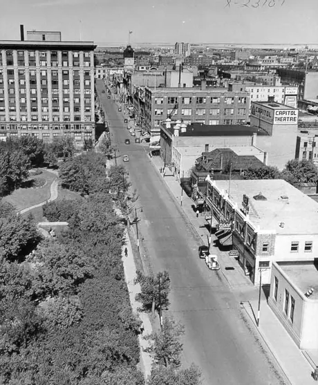 Aerial view of downtown Regina, capital theatre on the right, Victoria Park on the left