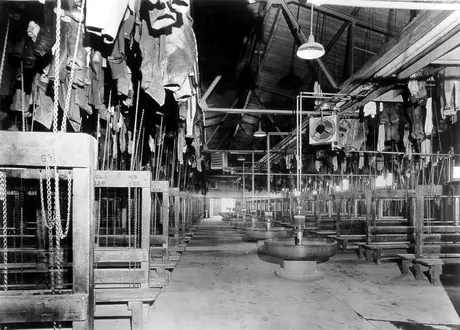 Miners' clothes suspended by pulleys, Wrighthergreaves Mines Ltd., Kirkland Lake Mine