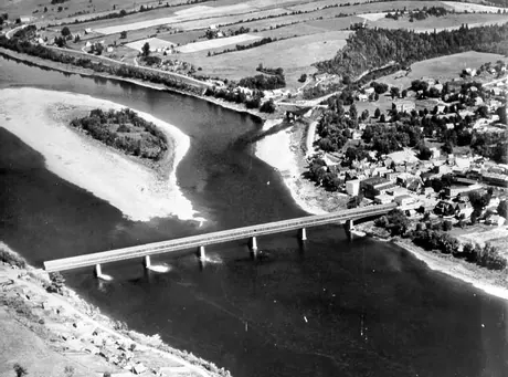 Aerial view of Hartland covered bridge measuring 1282 ft. long
