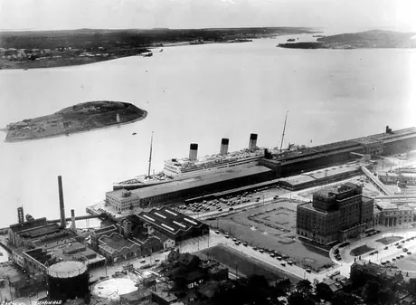 Aerial view of the Nova Scotian Hotel and the S.S. Majestic in Halifax harbour
