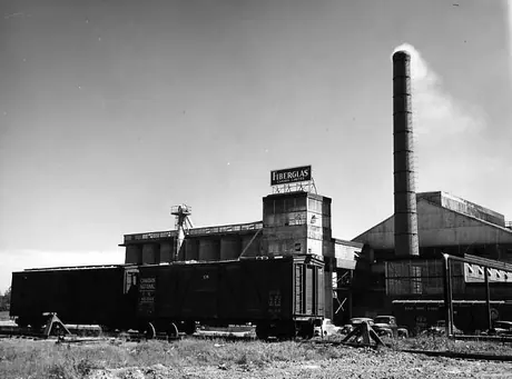 CNR freight cars outside the Fiberglass Company of Canada