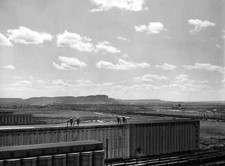 View of freight cars at grain elevators, Port Arthur