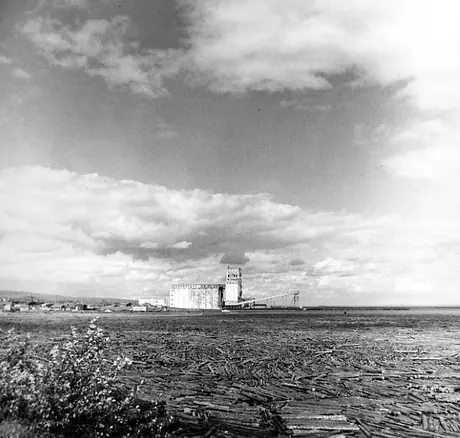 Port Arthur log boom, grain elevator in the background