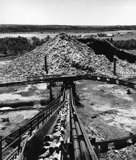 Pulp pile and conveyor, St. Lawrence Corp. Ltd. pulp and paper plant