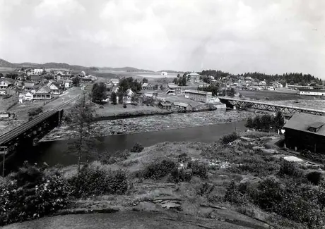 Aerial view of Jonquires, Quebec and area log boom