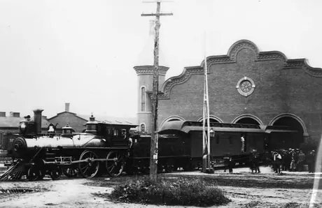 Central Vermont Railway steam locomotive Gov. Smith and passenger train at St. Albans station