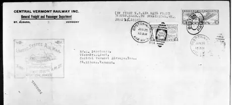 Envelope cover showing part of first U.S. air mail service from Boston, MA to Burlington, VT