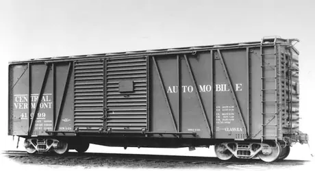 Central Vermont Railway outside braced automobile box car 41099, built in 1929 by the Pressed Steel Car Co., Pittsburgh, PA