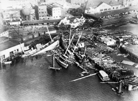 Hurricane damage affecting the Central Vermont Railway docks at New London, CT