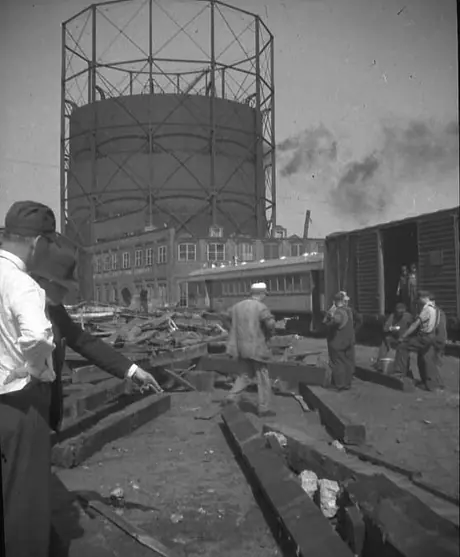 Hurricane damage affecting the Central Vermont Railway docks at New London, Connecticut - freight yard