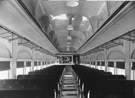 Interior of Central Vermont Railway passenger car 386 before modernization.