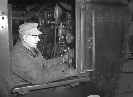 Engineer Hale in the cab of Central Vermont Railway U-1-a 4-8-2 staem locomotive 603