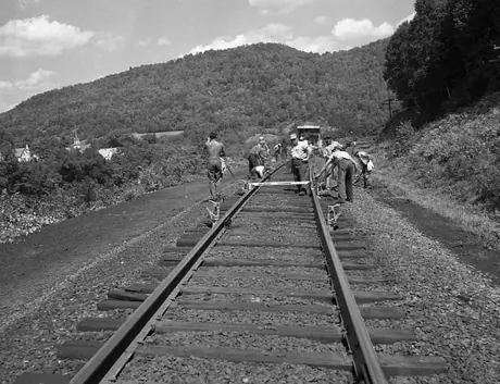 Relaying track on the Central Vermont Railway