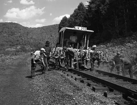 Relaying track on the Central Vermont Railway