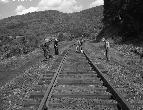 Relaying track on the Central Vermont Railway