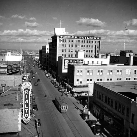 Aerial view of Jasper Avenue, including Tegler Building and Rialto Cinema