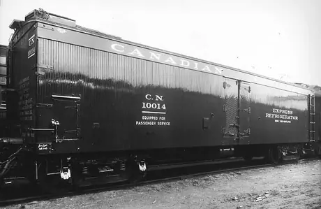 Wooden express refrigerator car 10014 built in 1921 by National Steel Car Co., scrapped in 1942.