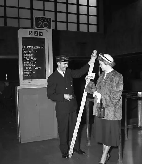 A huge interline ticket held by a passenger boarding the Washingtonian at Central Station, Montreal.