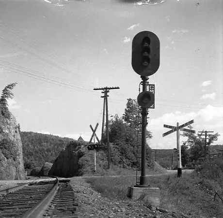 Three-aspect colour light signal protecting a grade crossing.