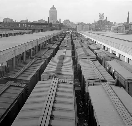 Freight cars lined up at Bonaventure sheds