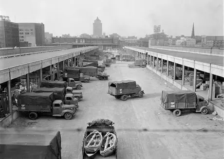 Cartage service trucks lined up at Bonaventure Station freight sheds