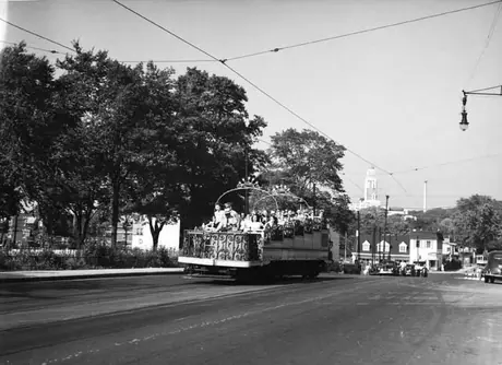 Tourists in an observational streetcar
