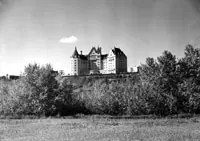 A scenic view of the Macdonald Hotel from the riverside