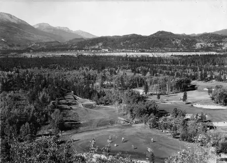 An aerial view of the Jasper Park Lodge golf course