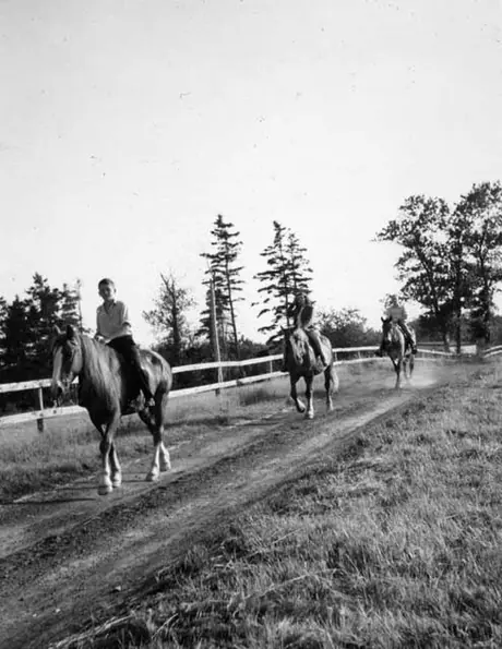 A horseback riding party on a trail, Pictou Lodge