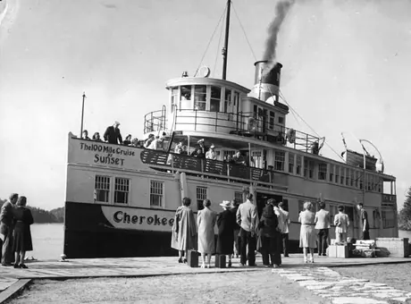 Passengers waiting to board the Cherokee at the Royal Muskoka Wharf, Muskoka Lakes