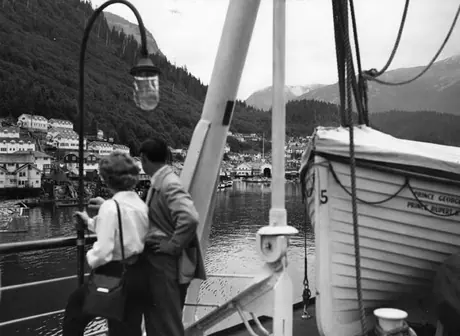 Ship passengers looking at the shore, Ocean Falls