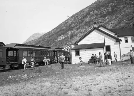 Passengers at the Lake Bennett train station, Yukon Territory