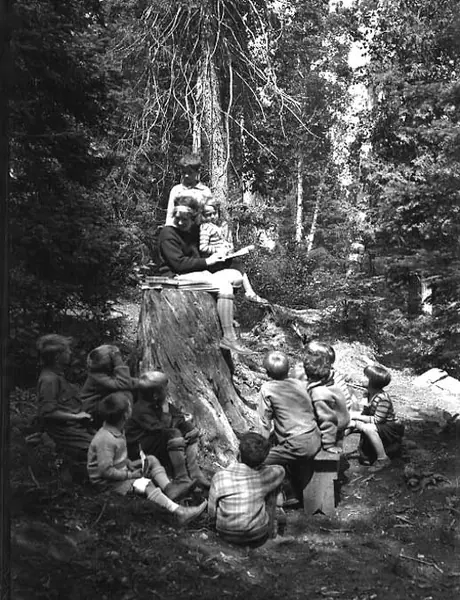 Pathfinder boys having a nature class, Camp Ahmek at Source Lake