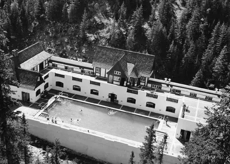 An aerial view of the Miette Hot Springs swimming pool, Jasper