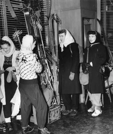 Female skiers waiting in the Central Station restaurant