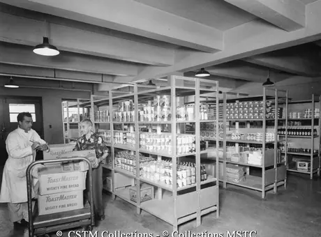 Storage room containing supplies for sleeping and dining car service