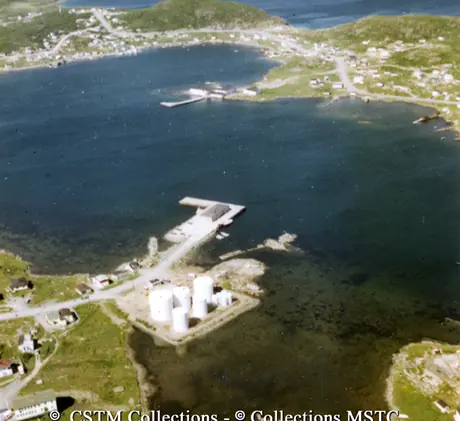 Aerial view of ferry terminal, St. Anthony, NFLD