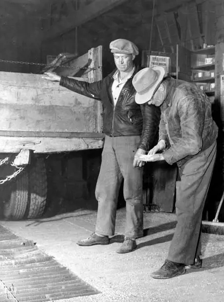 The elevator agent checks the grade of a farmer's grain