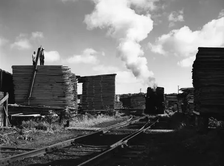 Shunting engine in lumber yard, Muskoka Wood Products Mill