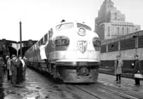 General Motors F-3 diesel locomotive 754 heads a train eastbound out of Toronto Union Station