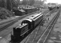 Q-5-a diesel locomotive 7938 switching passenger cars at Ottawa. Built by General Motors in 1946 (Model NW-2)