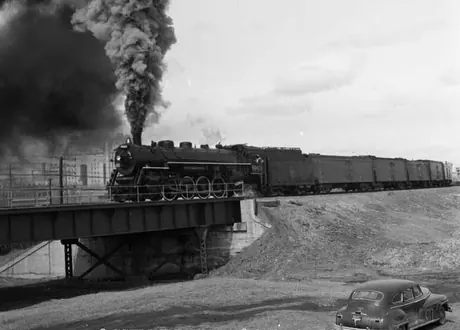 Steam locomotive 6043 arrives at Winnipeg with the last regularly scheduled use of steam power on CN